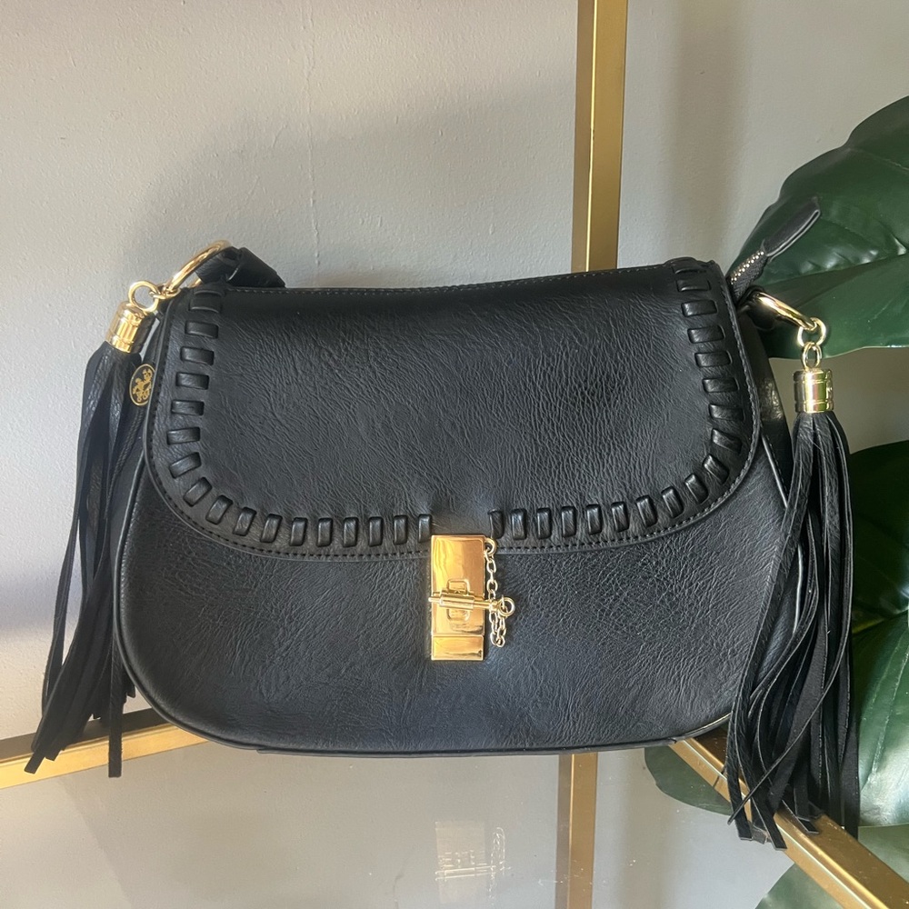 Vegan leather Black and Gold Shoulder Bag with Tassels and Gold Clasp